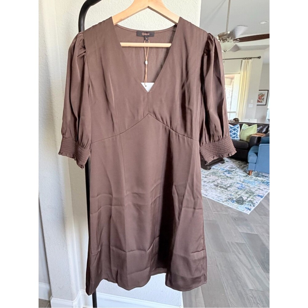 Quince Washable Stretch Silk Hot Fudge Brown V-Neck Mini Dress Puff Sleeves S